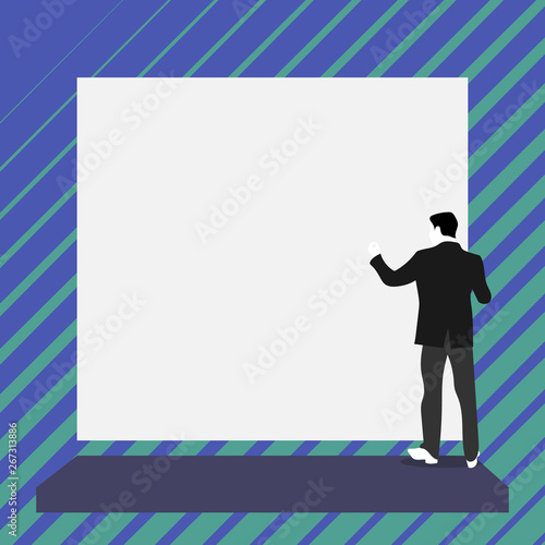 Short hair immature young man stand in front of rectangle big blank board Design business concept. Business ad for website and promotion banners. empty social media ad