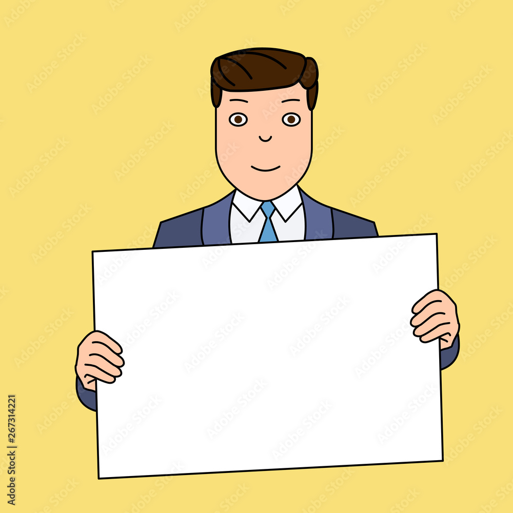 Smiling Man Holding Formal Suit Big Blank Poster Board in Front of Himself Design business concept. Business ad for website and promotion banners. empty social media ad Smiling Man Holding Formal Suit Big Blank Poster Board in Front of Himself Design business concept. Business ad for website and promotion banners. empty social media ad