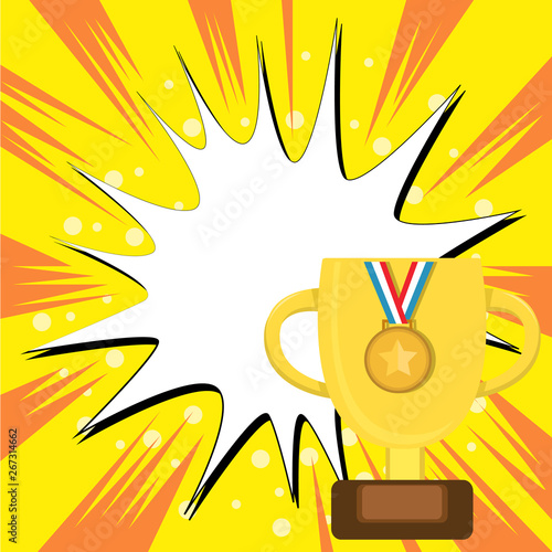 Trophy Cup on Pedestal with Plaque Decorated by Medal with Striped Ribbon Design business concept Empty copy space modern abstract background