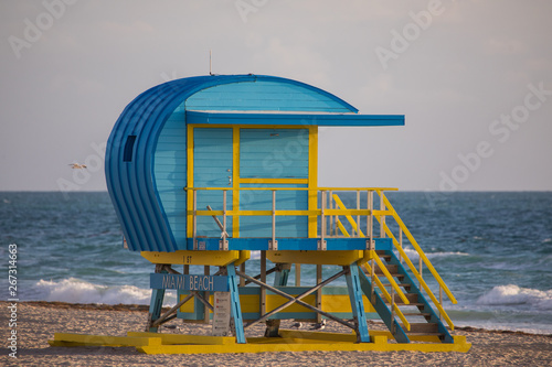 Blue wooden Art Deco Lifeguard post, Miami