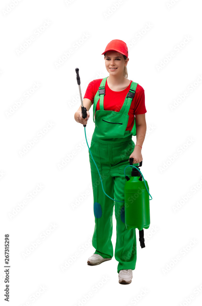 Female pest control contractor isolated on white Female pest control contractor isolated on white