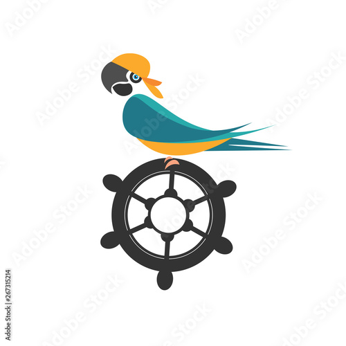Parrot on the ship's wheel, illustration, vector on white background.