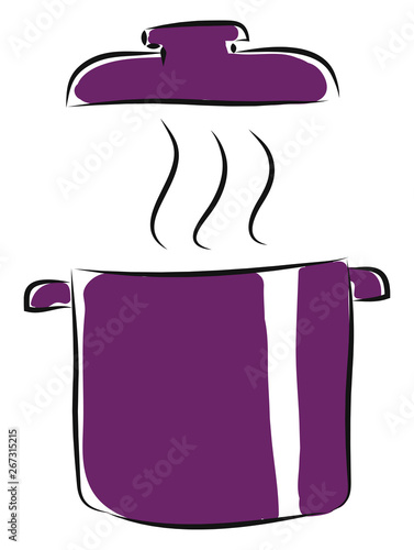 Purple pot with lid and steam, illustration, vector on white background.