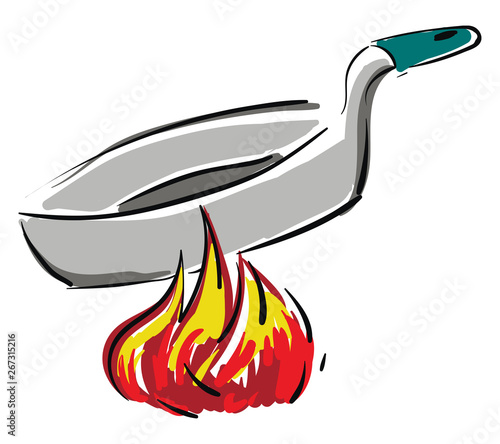 Grey pan with green handle on fire, illustration, vector on white background.