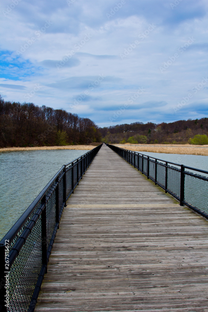 A board walk across a marshy section of the Genesee river in Rochester, New York