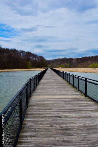 A board walk across a marshy section of the Genesee river in Rochester  New York