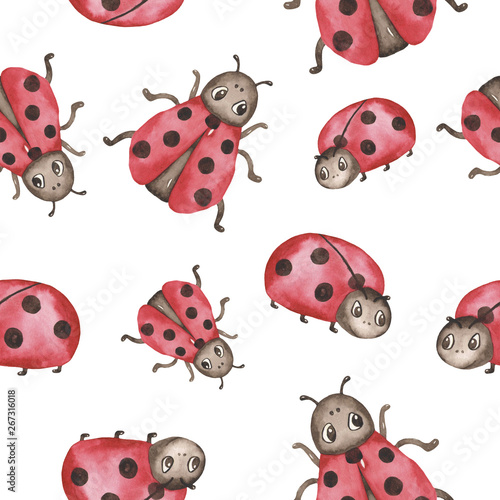 Watercolor seamless pattern with ladybirds. Great for cards, birthday, wallpaper, scrapbooking, packaging, fabrics, prints. © MarinaErmakova