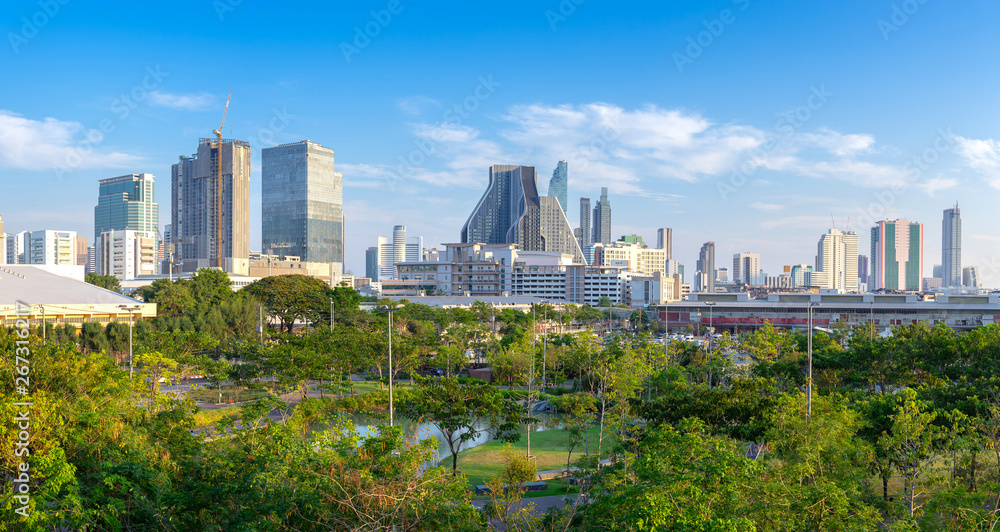 Panorama aerial view  Bangkok city urban downtown skyline  modern office buildings and condominium tower on blue sky background , Panoramic City scape Bangkok City Thailand