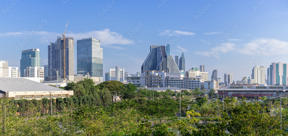 Panorama aerial view  Bangkok city urban downtown skyline  modern office buildings and condominium tower on blue sky background , Panoramic City scape Bangkok City Thailand
