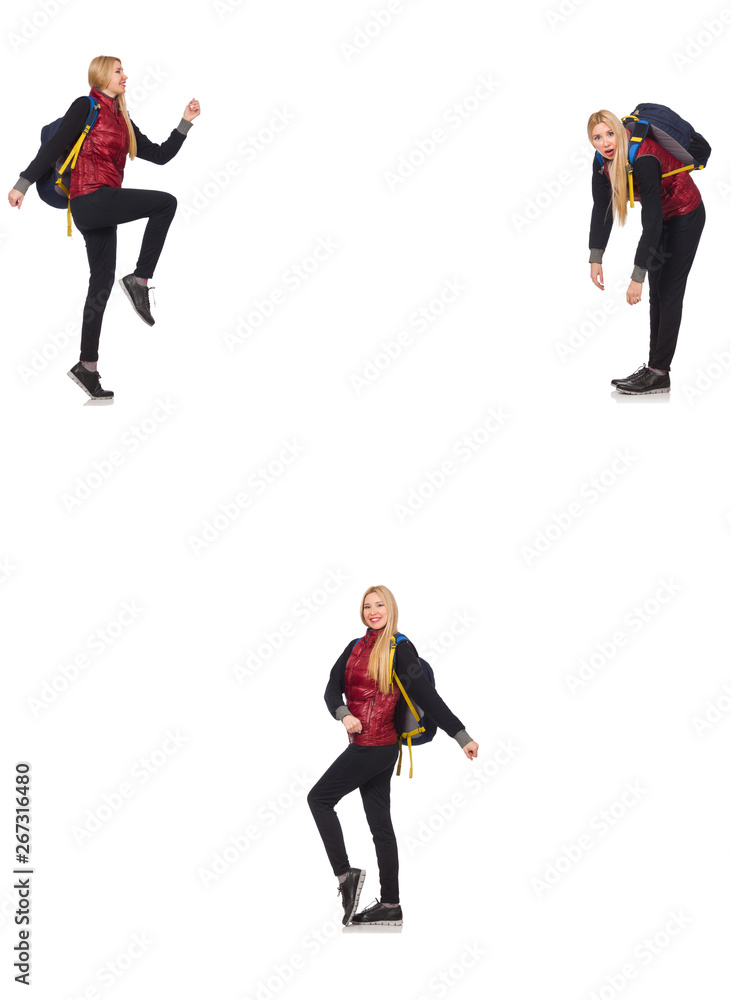 Fototapeta premium Young woman with backpack isolated on white 
