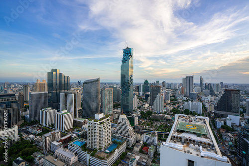 Bangkok City - Aerial view  Bangkok city urban downtown skyline tower of Thailand on blue sky background   City scape Thailand