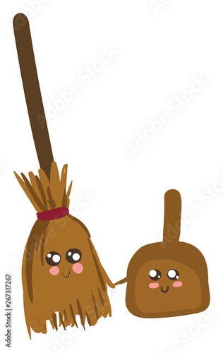 Emoji of a happy broomstick and a dustpan, vector or color illustration