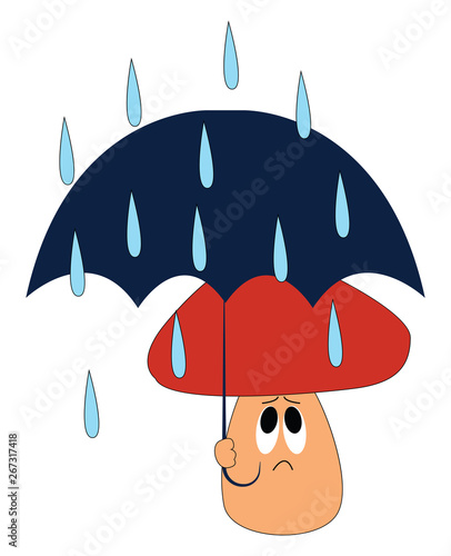 Emoji of the worried mushroom holding an umbrella on a rainy day, vector or color illustration