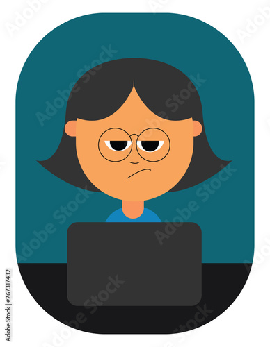 Cartoon girl with a smirk expression works in a laptop at night, vector or color illustration