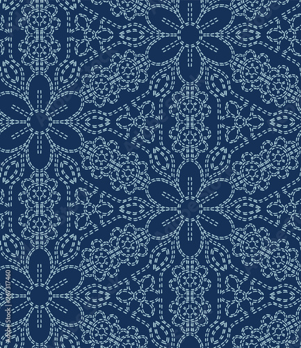 Damask flower motif sashiko stitch pattern. Japanese needlework seamless vector background. Hand drawn texture for textile print. Classic Japan embroidery decor, asian fusion kimono quilted template.