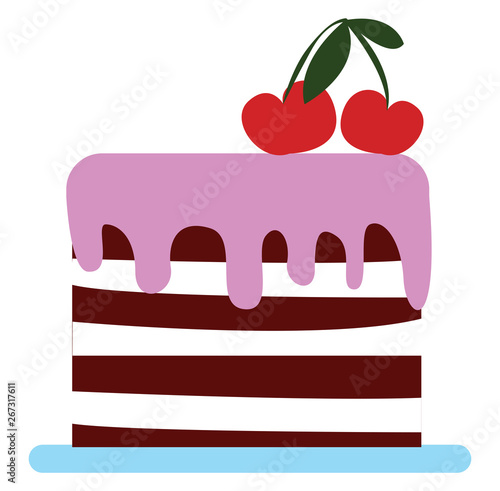 A big fondant pink cake and cherry pie filling, vector or color illustration