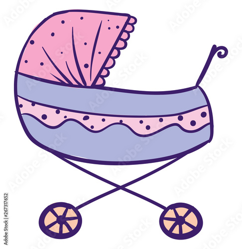 Sketch drawing of a pink stroller for baby/Pram, vector or color illustration