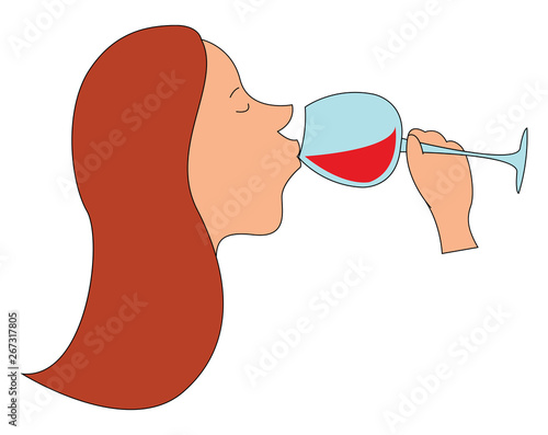 Clipart of the face of a young woman enjoying red wine, vector or color illustration