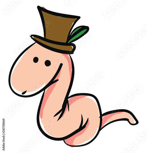 Drawing of a worm in a brown hat, vector or color illustration