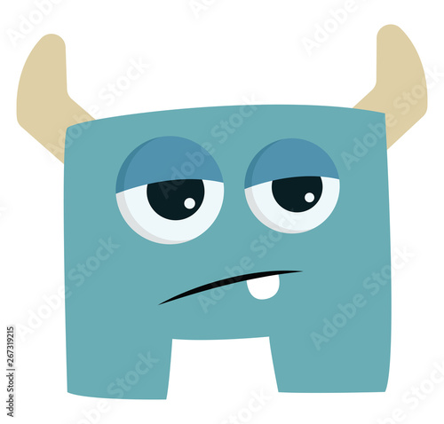 Blue tired monster with horns, vector or color illustration.