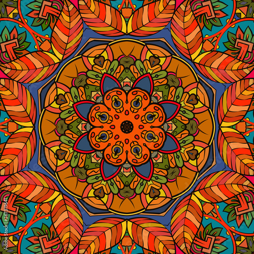Seamless tracery tile mehndi design. Ethnic ornament, colorful doodle symmetry texture. Folk traditional spiritual tribal design. Curved doodling motif. Color art. Vector