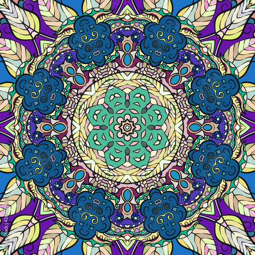 Seamless tracery tile mehndi design. Ethnic ornament, colorful doodle symmetry texture. Folk traditional spiritual tribal design. Curved doodling motif. Color art. Vector