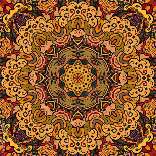 Seamless tracery tile mehndi design. Ethnic ornament, colorful doodle symmetry texture. Folk traditional spiritual tribal design. Curved doodling motif. Color art. Vector