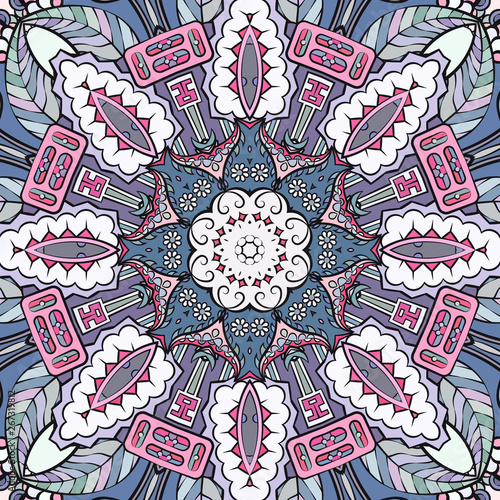Seamless tracery tile mehndi design. Ethnic ornament, colorful doodle symmetry texture. Folk traditional spiritual tribal design. Curved doodling motif. Color art. Vector