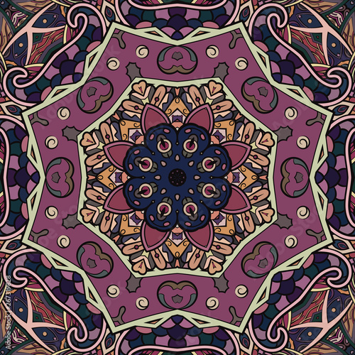 Seamless tracery tile mehndi design. Ethnic ornament, colorful doodle symmetry texture. Folk traditional spiritual tribal design. Curved doodling motif. Color art. Vector