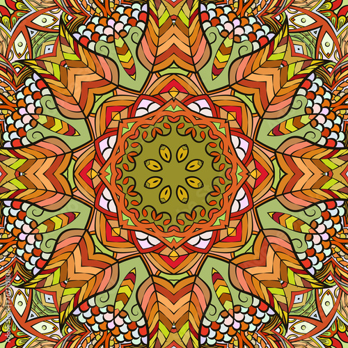 Seamless tracery tile mehndi design. Ethnic ornament, colorful doodle symmetry texture. Folk traditional spiritual tribal design. Curved doodling motif. Color art. Vector