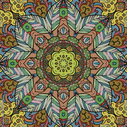 Seamless tracery tile mehndi design. Ethnic ornament, colorful doodle symmetry texture. Folk traditional spiritual tribal design. Curved doodling motif. Color art. Vector