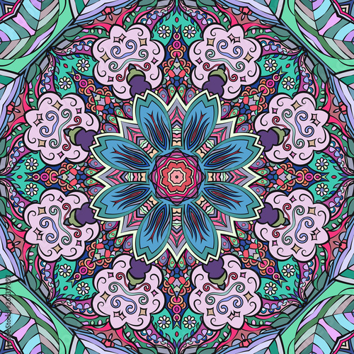 Seamless tracery tile mehndi design. Ethnic ornament, colorful doodle symmetry texture. Folk traditional spiritual tribal design. Curved doodling motif. Color art. Vector