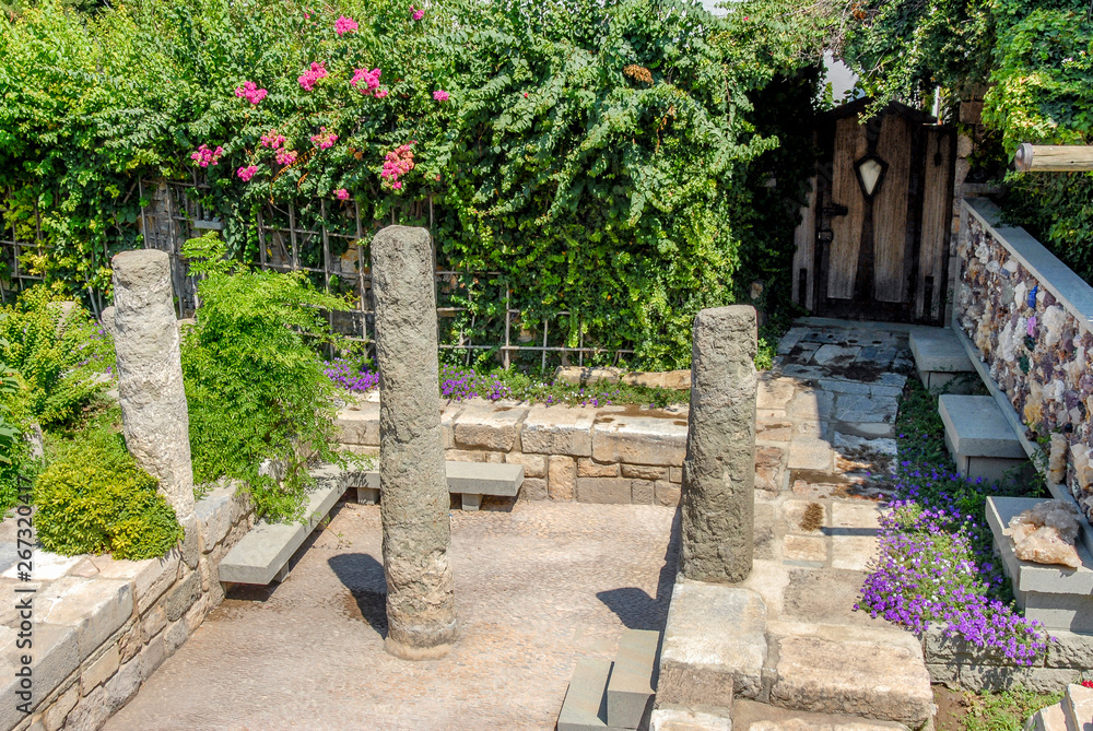 Mugla, Turkey, 25 July 2012: Authentic Stone Bodrum Mansion, Halicarnassus. King of Karia mausolos columns.