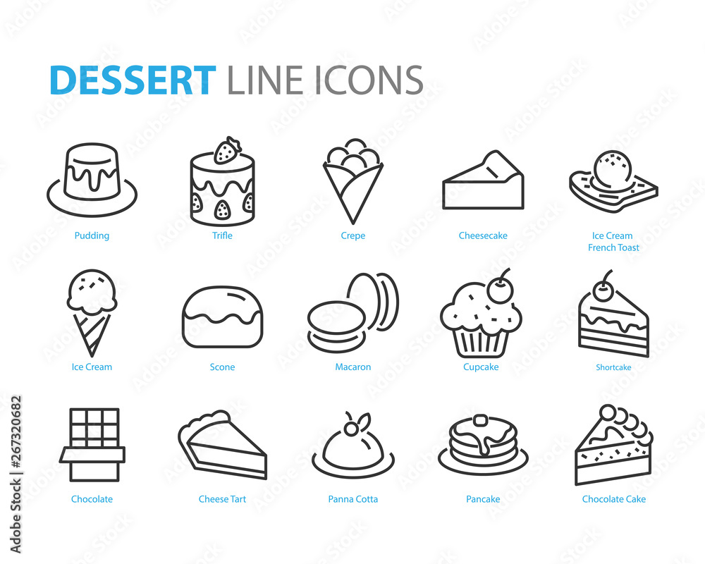set of dessert icons, such as crepe, sweet, cake, ice cream, scone, choco