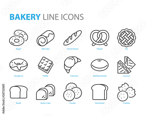set of bakery line icons, such as bread, waffle, cake, bun