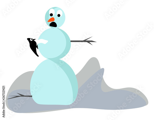 Clipart of a cute little snowman looking surprisingly on the bird perched in its arms, vector or color illustration.