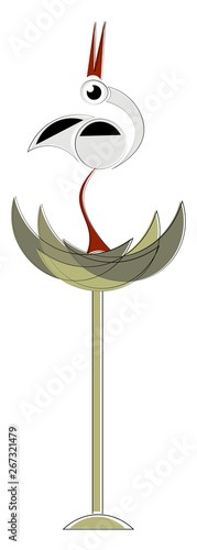 Painting of a stork bird perched on a nest while head turn and nibble the feather, vector or color illustration.