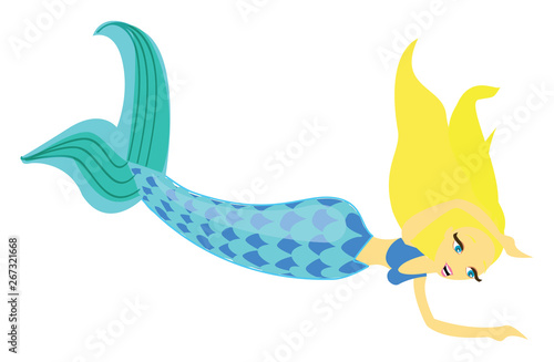 Blue-tailed bra-wearing woman mermaid, swimming, vector or color illustration.