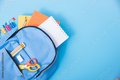 Obraz na plátně Top view Blue bag backpack for education children
