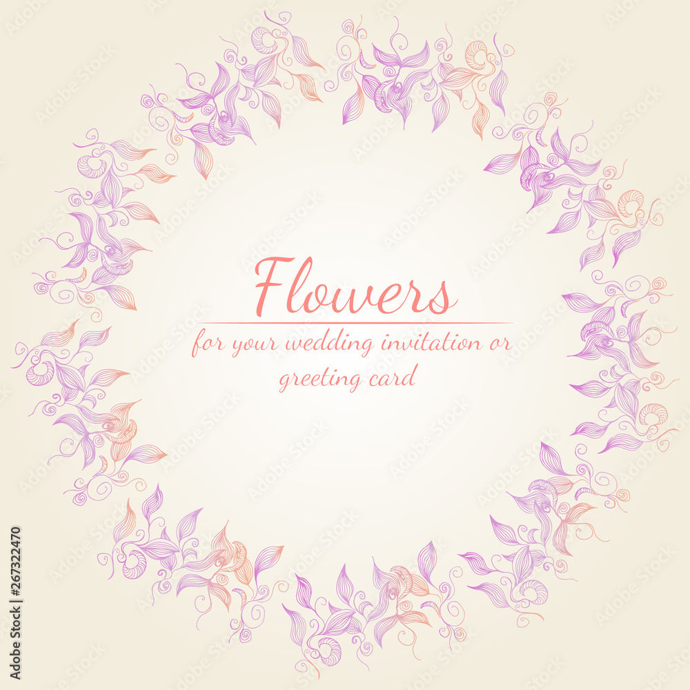 Wreath of roses or peonies flowers branches with pink, purple and coral colors. Floral frame design elements for wedding invitation and greeting card. Hand drawn. Line art. Sketch Wreath of roses or peonies flowers branches with pink, purple and coral colors. Floral frame design elements for wedding invitation and greeting card. Hand drawn. Line art. Sketch