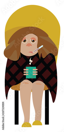 A sick girl, vector or color illustration.