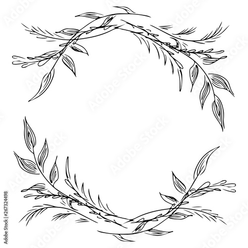 Wreath of wildflowers branches isolated on white background. Foral frame design elements for invitations, greeting cards, posters. Hand drawn  illustration. Line art. Sketch