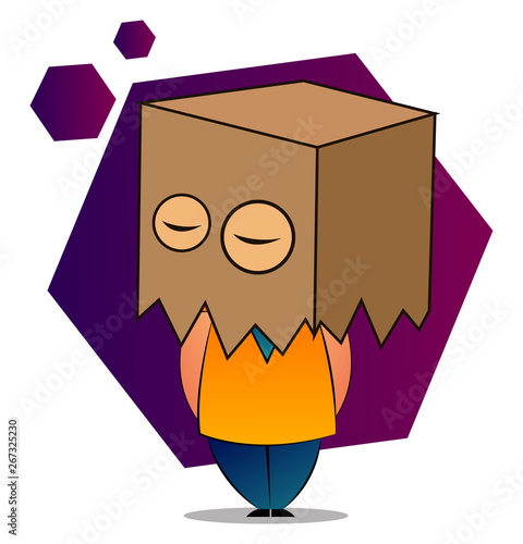 Girl with brown paper bag on her head, illustration, vector on white background.