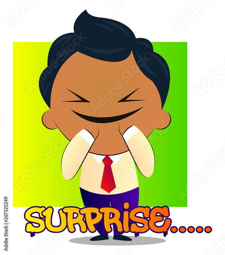 Boy in a suit with curly hair says surprise, illustration, vector on white background.
