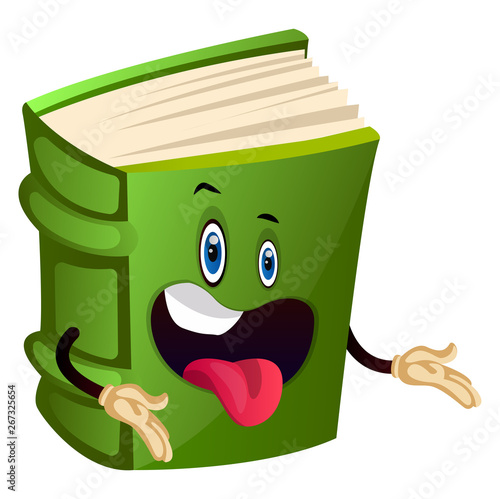 Green book being silly, illustration, vector on white background.