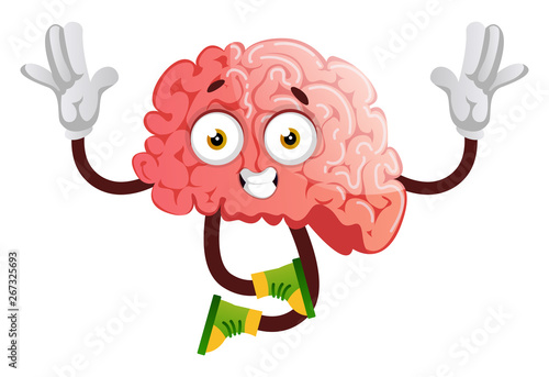 Brain sitting with hands raised, illustration, vector on white background.