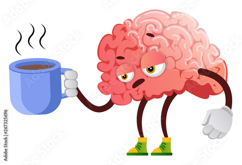 Brain is drinking a cup of coffee, illustration, vector on white background.