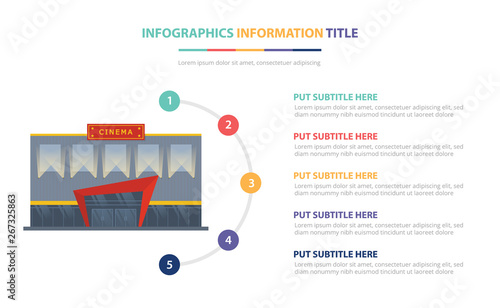 cinema building infographic template concept with five points list and various color with clean modern white background - vector