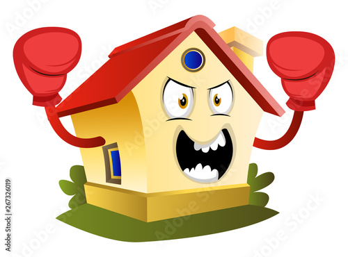 House is wearing boxing gloves, illustration, vector on white background.