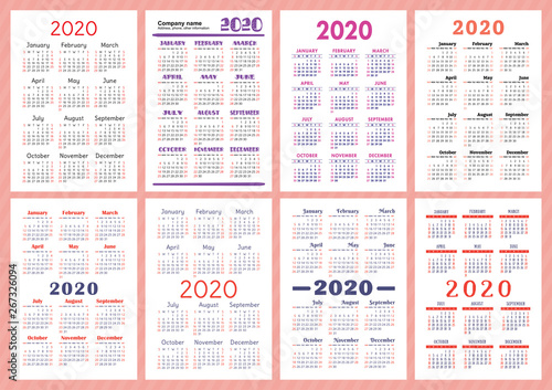 Calendar 2020 year. Vector template collection. Simple English pocket calender set. Week starts on Sunday